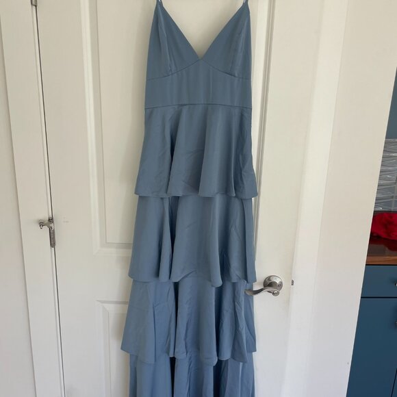 Lulus Going with Slate Blue Satin Tiered Gown - Picture 3 of 6